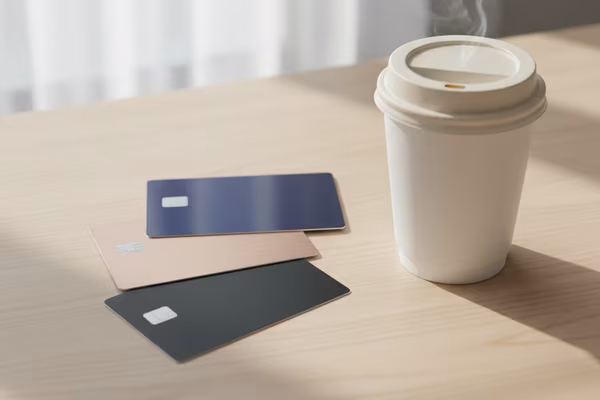 Three premium credit cards fanned on a wooden desk beside a coffee cup