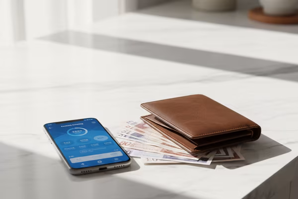 Modern smartphone with banking app next to a wallet and pound notes