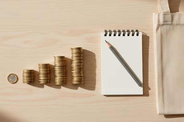 British pound coins arranged in stacks beside a notebook