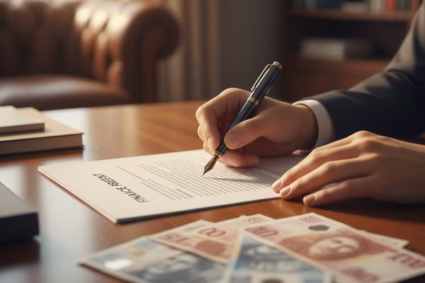 Hands signing a finance agreement with British pound notes on the table
