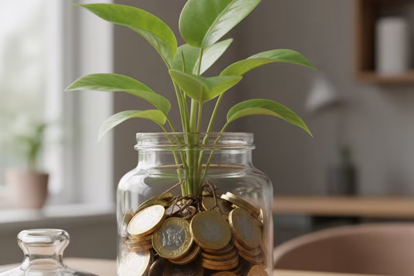 Glass jar with British pound coins and a plant sprouting from top