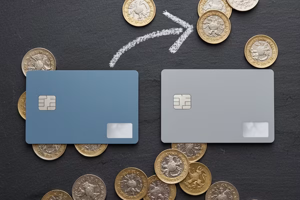 Two debit cards side by side with an arrow drawn in chalk between them