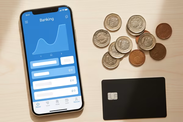 Smartphone showing a UK banking app next to debit card and pound coins
