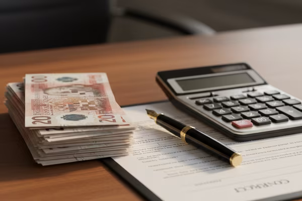 UK pound notes beside calculator and a finance contract document
